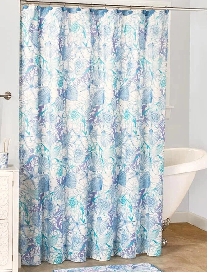 Guirnalda costera conchas marinas cortina de ducha tela océano náutica concha azul púrpura Foto 1 de 1