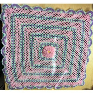 VTG Handmade Granny Square Slip On Pillow Cover Pink Turquoise Crochet 17x18 - Picture 1 of 7