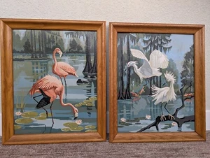 VTG 1950'S MCM PAINT BY NUMBER PAINTINGS FRAMED- PAIR- EGRETS AND FLAMINGOS-VHTF - Picture 1 of 4