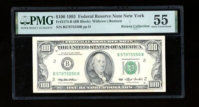 DBR 1993 $100 FRN New York Fr. 2174-B PMG 55 Serial B57975550B - Image 1 of 2