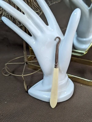 Vintage Shoe Button Hook Boot Celluloid Handle Ivory 4 5/8" Long sweater glove - Image 1 of 4