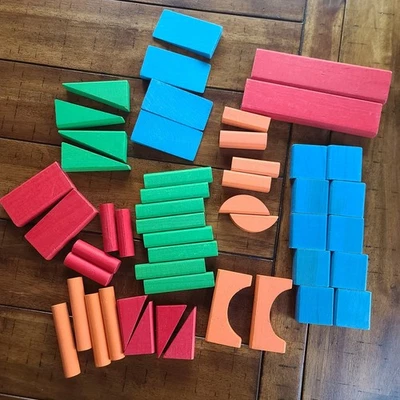 50 Vintage Playskool Wooden Building Blocks Shapes Colors Build - Image 1 of 2