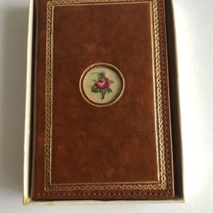 VTG Address Book MINI Petit point Flower Leather Cover Tabbed Blank Pages NOS - Picture 1 of 13