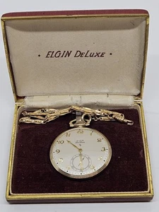 1946 ELGIN Deluxe 10K Gold GF 542 Gents Deco Pocket Watch w/Chain & Original Box - Picture 1 of 24