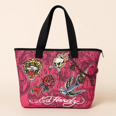 Bolsa tote com estampa de tatuagem rosa Ed Hardy com berloques nylon tigre + caveira + rosa pássaro - Imagem 1 de 4