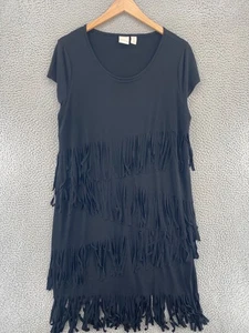 Chicos Dress Womens 3 US Extra Large Black Shift Tiered Fringe Cap Sleeve Knit - Picture 1 of 11
