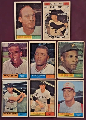 1961 Topps HOF Lot (8) Mays Clemente Banks Kaline Killebrew Cash MORE! L/M Gr - Image 1 of 2