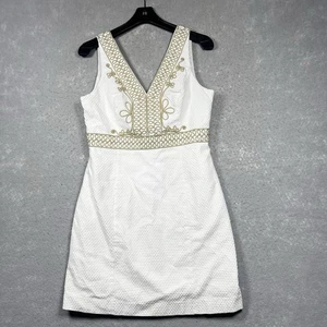 Lilly Pulitzer Dress Womens 8 White Gold Aveline Pique Cotton Shift Soutache - Picture 1 of 16