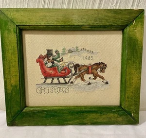 Vintage 1985 Wood Frame Cross Stitch Artwork on Linen Finished 12x11 In No Glass - Picture 1 of 11