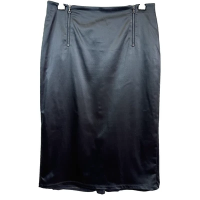 Lida Baday 女式黑色缎面前双拉链及膝铅笔裙 8 码 — 第 1/4 张图片