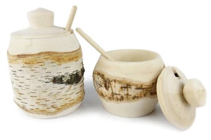 Die hölzerne Zucker- Salzdose mit Löffel und Deckel - Birkenholzdose - Bild 1 von 2