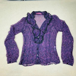Fornarina Women Blouse Top Purple Medium 100 %  Silk Ruffle Leopard Animal Print - Foto 1 di 19
