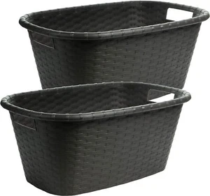 2er Set Kunststoff Wäschekorb in Rattan-Design Wäschewanne mit Griffen schwarz - Bild 1 von 6