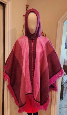 Alpaca hooded poncho f/ Ecuador baby soft wrap shawl Pink Magenta New hoodie - Image 1 of 4