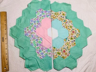 Antique Cotton Fabric 1930s Grandma's Garden 2 Quilt Blocks Hand Pc'd 16.5" - Image 1 of 4