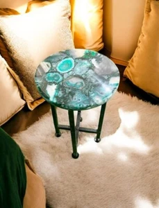 15"Round Green Modern Agate Stone Coffee Table Top Luxury Handmade Home Interior - Picture 1 of 7