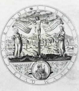 c1620 Albrecht V. Bayern Kupferstich mit Porträt Stadtansicht Allegorie - Bild 1 von 1