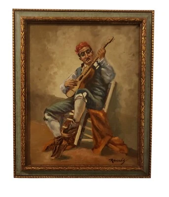 Impresionante pintura al óleo sobre lienzo vintage hombre tocando la guitarra firmada  Foto 1 de 4