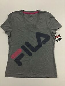 FILA Sport NWT Size Small Women’s Logo V Neck Short Sleeve Top Gray Navy Pink