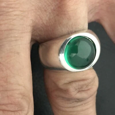 MJG STERLING SILVER MEN'S RING. 12mm ROUND NANO EMERALD CABOCHON. SIZE 9 3/4 - Image 1 of 4