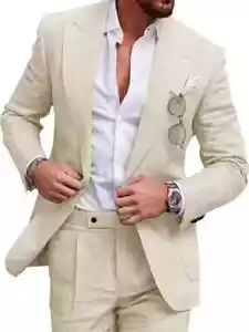 Men's Linen Set 2-Piece Slim Fit Suit Summer Beach Wedding Set  One Button - Picture 1 of 35