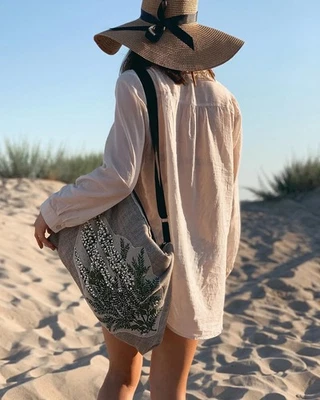 Bolso de Hombro Hecho a Mano de Lino Bordado Helechos y Perlas Boho Tote Ucrania Foto 1 de 4