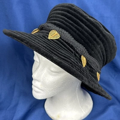 Sombrero Eric Javits Negro Terciopelo Steampunk Chapado en Oro Hojas Circunferencia 217/8 Pulgadas Foto 1 de 4