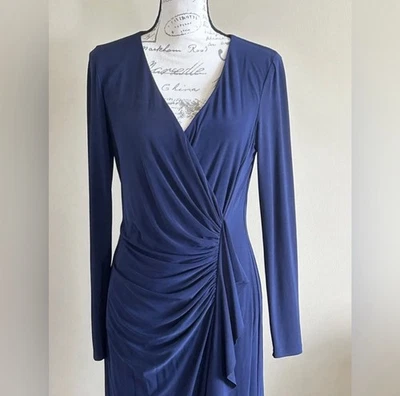 AMERICAN LIVING Blue Ruched Ruffle Faux Wrap Floor Length Jersey Dress Size 10 - Image 1 of 4
