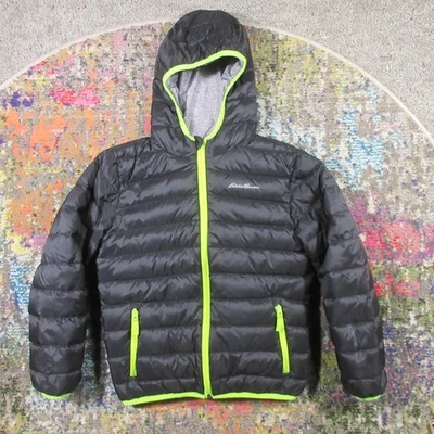 Eddie Bauer Reversable Hooded Down Puffer Jacket Youth S Boy 7/8 Black Gray - Image 1 of 4