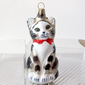 Decorazione gatto natalizio vintage vetro soffiato dipinto a mano Germania bianco e grigio - Foto 1 di 8