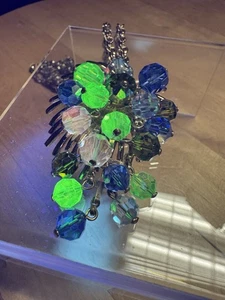 5147 Vintage 24 Zoll goldfarbene Kette mit Tropfen baumelnd schwebend uranblau Glas Edelsteine - Bild 1 von 7