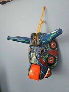 Hand Carved & Painted Guatemala Wooden Dance Mask Wall Decor Bull with Horns - Picture 1 of 16