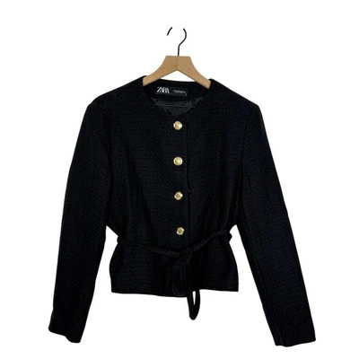 Zara Belted Textured Blazer Size XL Black Gold Metal Buttons Cropped Tie NWOT  - Image 1 of 4