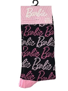 Barbie Logo Print Crew Socks Women’s Size 9-13 Black Pink Retro Style NWT - Picture 1 of 5