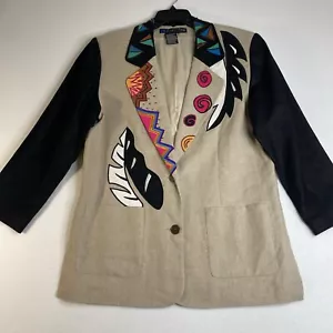 Vtg 90s IB Diffusion Linen Blazer Jacket Women 12 Embroidered Beaded Lapel Artsy - Picture 1 of 13