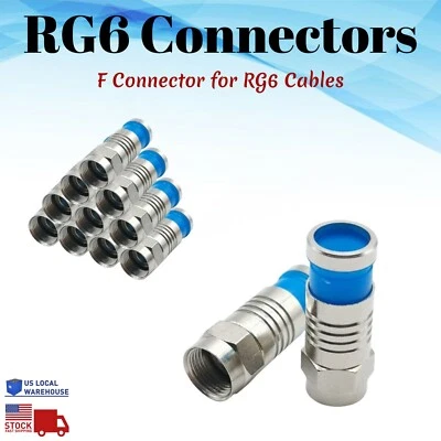 F Type Connector to RG6 Cable Coaxial Compression Fitting Connector Coax Lot - Image 1 of 4
