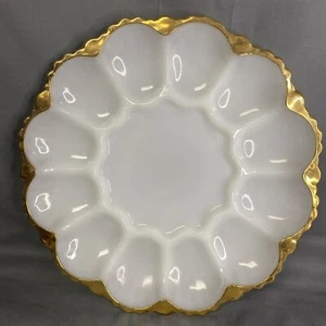 Teufel Eierteller weiß Milchglas Goldrand Anker Feuerkönig Vintage Tablett - Bild 1 von 2