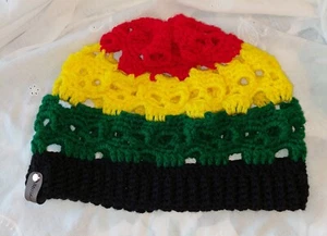 Handmade Crochet Skull Mens Womens RASTA Colors Reggae Slouchy Black Hat - Picture 1 of 8