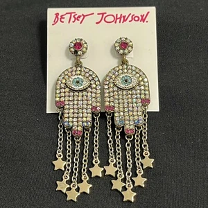 BETSEY JOHNSON Earrings Gold Tone HAMSA Hand Evil Eye Protection Drop Stars - Picture 1 of 3