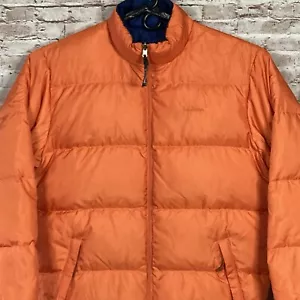 LL Bean Jacket Mens LT Orange Blue Reversible Coat Goose Down Filled Puffer NICE - Picture 1 of 15