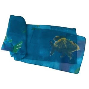 Vintage Symphony Sheer Polyester Scarf W/ Water & Tropical Fish Print 60x10" - Picture 1 of 7