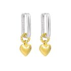 Women's 925 Sterling Silver Solid Two Tone Heart Dangle Hinged Hoop Earrings