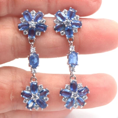 Unheated Gemstone Blue Kyanite & Cubic Zirconia Earrings 925 Sterling Silver - Image 1 of 4