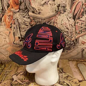 VINTAGE Atlanta Braves Spell Out Snapback Hat Black Red Capman Headwear Korea - Picture 1 of 11