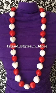 Hawaii Wedding Kukui Nut Lei Graduation Luau Hula Party Necklace SOLID RED WHITE - Picture 1 of 2