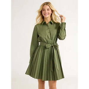 Free Assembly Mini Shirtdress Women’s Size M Green Pleated with Long Sleeves -W8 - Picture 1 of 5