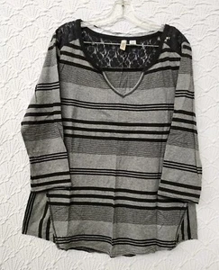 Womens Blouse Route 66 Size XL Black And Gray Stripes With Lace Pre-owned - Picture 1 of 8