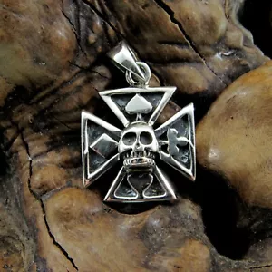Solid 925 Sterling Silver Iron Cross & 4 Card Suits Skeleton Skull Lucky Pendant - Picture 1 of 6
