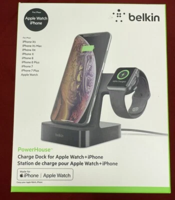 NEW BELKIN POWERHOUSE WIRELESS CHARGING DOCK FOR APPLE WATCH + IPHONE STATION ST - Image 1 of 2