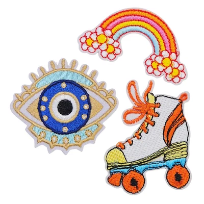 Set of 3 Retro Iron-On Embroidered Patches, Rainbow, Roller Skate & Mystical Eye - Image 1 of 3